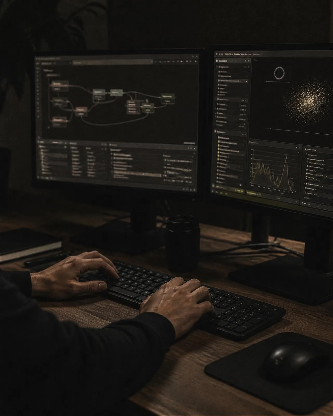 Working session at a dual-monitor workstation building dashboards