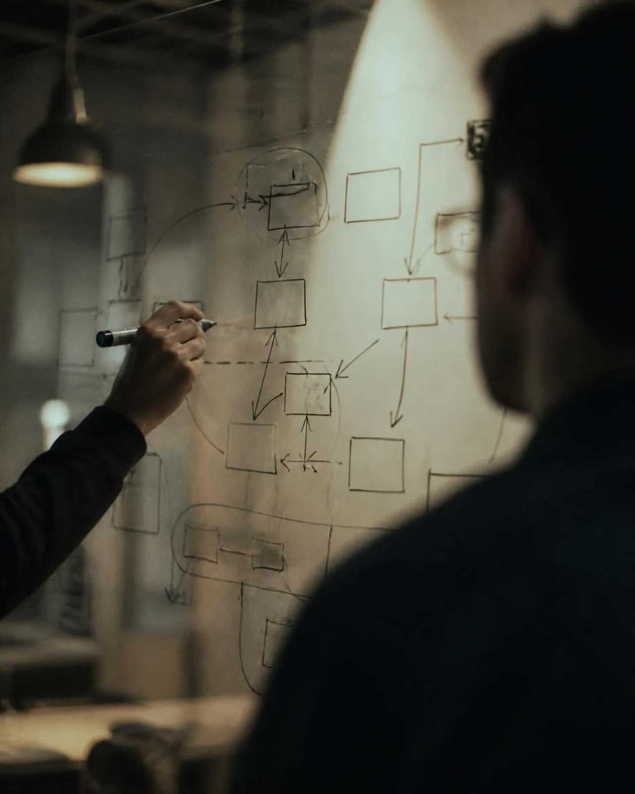 Hand drawing a system diagram of a business workflow on a glass wall